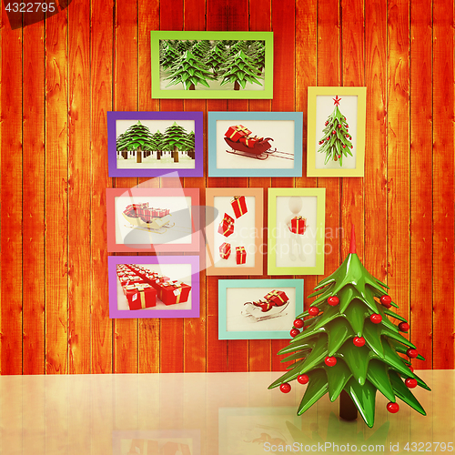 Image of Mock up poster on the wood wall with christmas tree and decorati