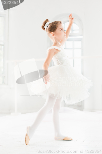 Image of Little ballerina girl in a tutu. Adorable child dancing classical ballet in a white studio.