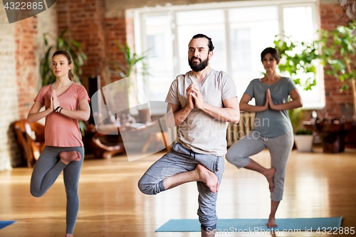 Image of group of people doing yoga tree pose at studio