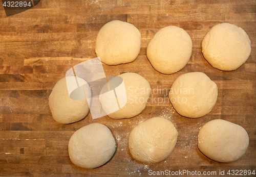 Image of yeast bread dough on bakery kitchen table