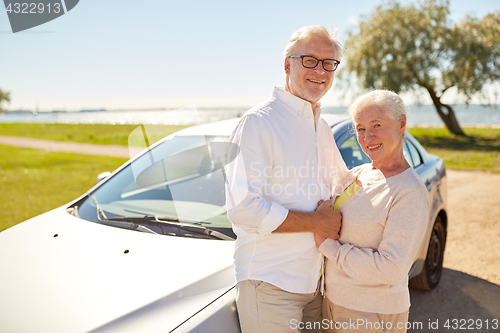 Image of happy senior couple at car in summer