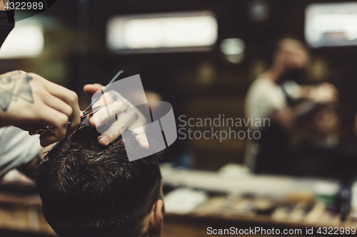 Image of Crop barber doing haircut for client