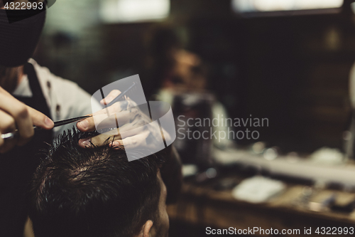 Image of Crop barber doing haircut for client