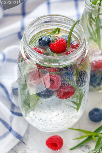 Image of Ice sparkling water, berries and tarragon in jar.