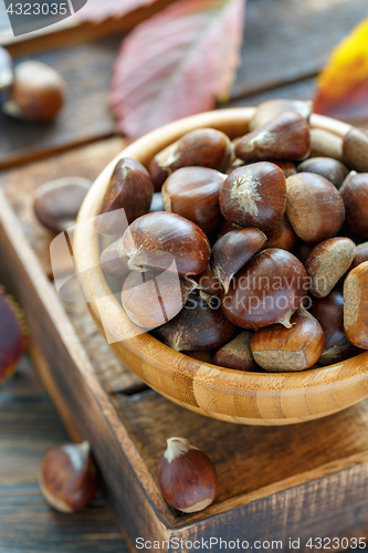 Image of Ripe chestnuts in a wooden bowl.