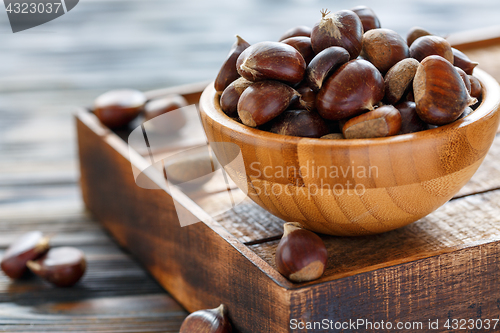 Image of Raw chestnuts in a wooden bowl.