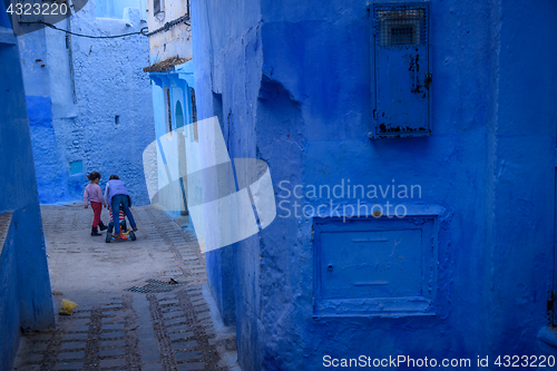 Image of Kids in Chefchaouen, the blue city in the Morocco.
