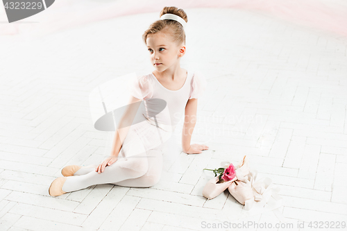 Image of The little balerina in white tutu in class at the ballet school