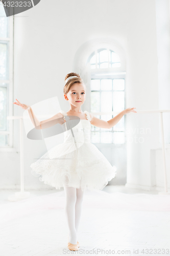 Image of Little ballerina girl in a tutu. Adorable child dancing classical ballet in a white studio.