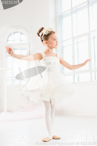 Image of Little ballerina girl in a tutu. Adorable child dancing classical ballet in a white studio.