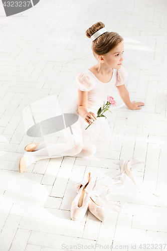 Image of The little balerina in white tutu in class at the ballet school