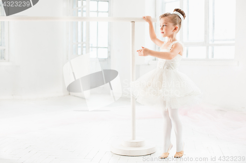 Image of Little ballerina girl in a tutu. Adorable child dancing classical ballet in a white studio.