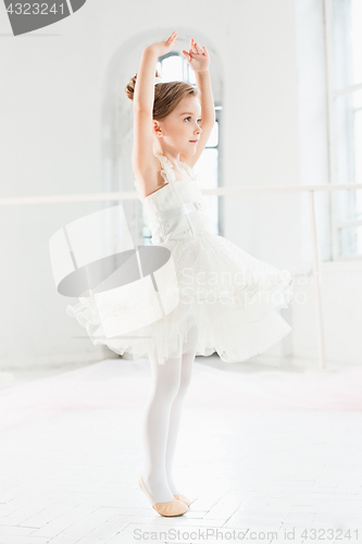 Image of Little ballerina girl in a tutu. Adorable child dancing classical ballet in a white studio.