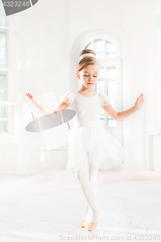 Image of Little ballerina girl in a tutu. Adorable child dancing classical ballet in a white studio.