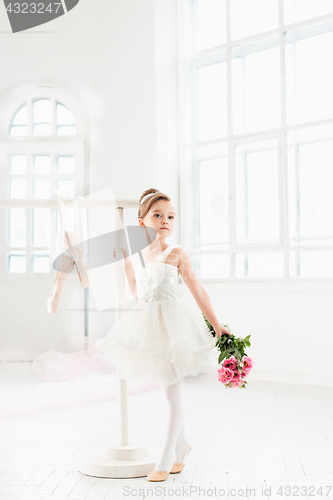 Image of Little ballerina girl in a tutu. Adorable child dancing classical ballet in a white studio.