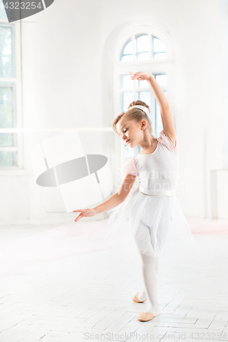 Image of Little ballerina girl in a tutu. Adorable child dancing classical ballet in a white studio.