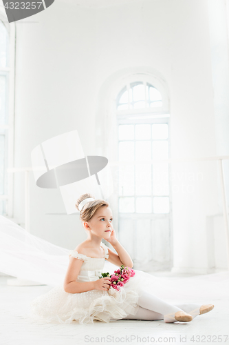 Image of The little balerina in white tutu in class at the ballet school