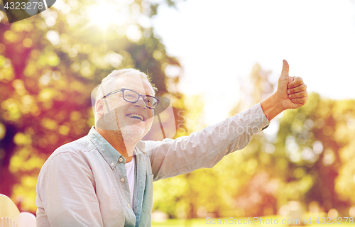 Image of happy senior man showing thumbs up at summer park