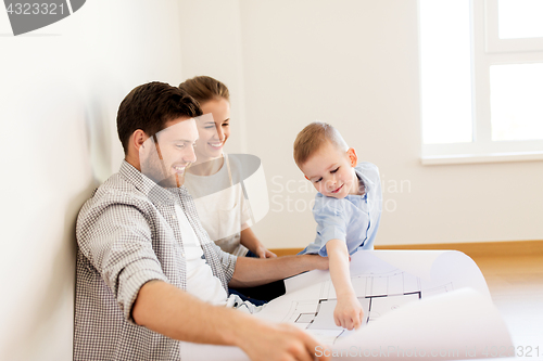 Image of happy family with blueprint moving to new home