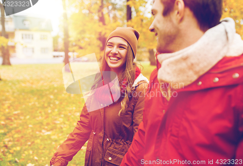 Image of happy young couple walking in autumn park