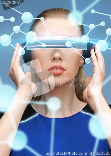 Image of woman in virtual reality 3d glasses with molecules