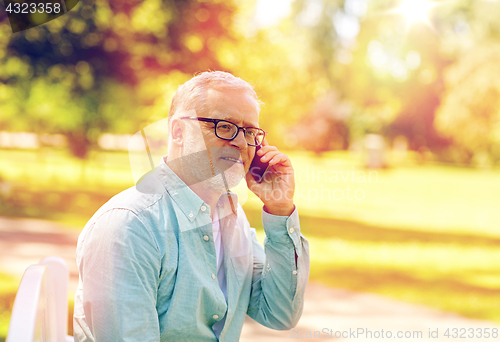 Image of senior man calling on smartphone at summer park