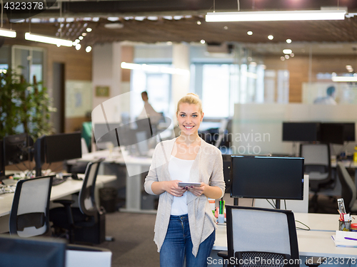 Image of Business Woman Using Digital Tablet in front of startup Office