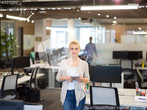 Image of Business Woman Using Digital Tablet in front of startup Office