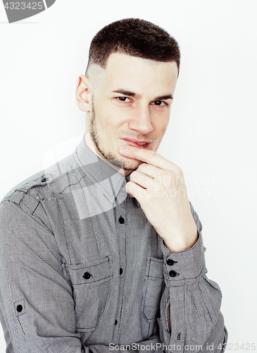 Image of young handsome teenage hipster guy posing emotional, happy smiling against white background isolated, lifestyle people concept 