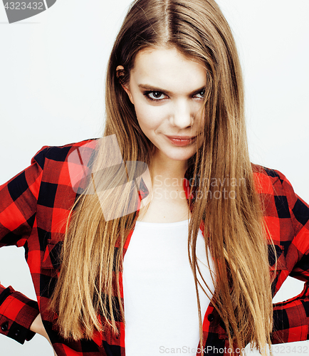 Image of young pretty teenage hipster girl posing emotional happy smiling on white background, lifestyle people concept 