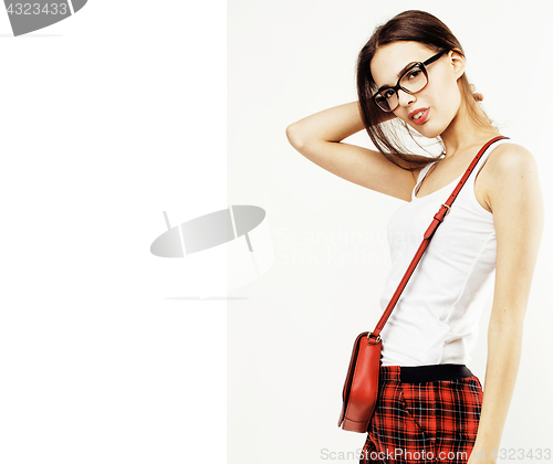 Image of young pretty teenage hipster girl posing emotional happy smiling