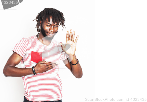 Image of young handsome afro american boy stylish hipster gesturing emoti