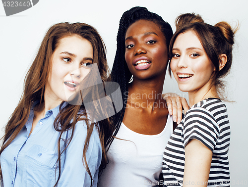 Image of diverse nation girls group, teenage friends company cheerful having fun, happy smiling, cute posing isolated on white background, lifestyle people concept
