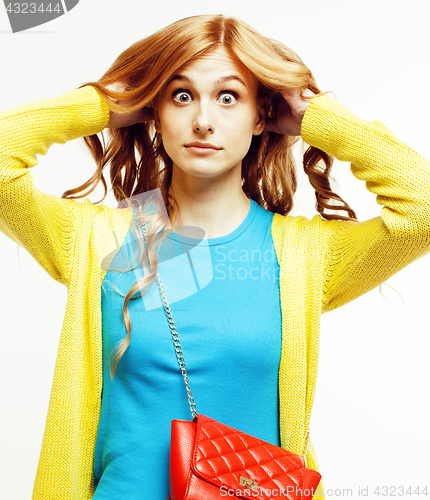 Image of young pretty woman with little cute handbag posing cheerful smiling isolated on white background, lifestyle sale people concept 