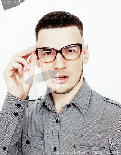 Image of young handsome teenage hipster guy posing emotional, happy smiling against white background isolated, lifestyle people concept 