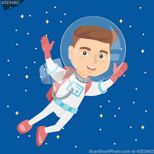 Image of Caucasian astronaut kid in suit flying in space.