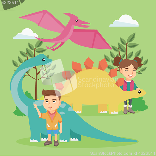 Image of Caucasian kids playing with dinosaurs outdoor.