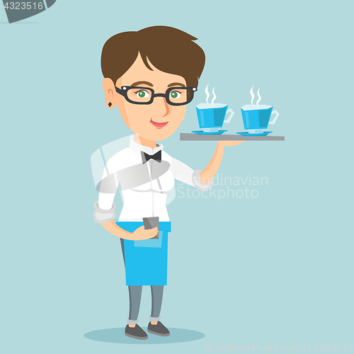 Image of Waitress holding tray with cups of coffeee or tea.