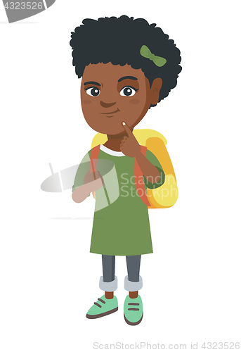 Image of African little girl with school bag thinking.
