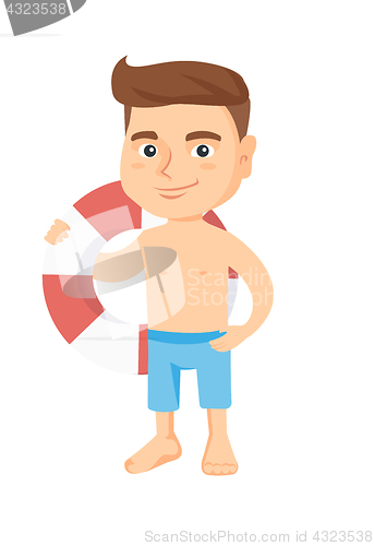 Image of Little caucasian boy holding a red-white lifebuoy.