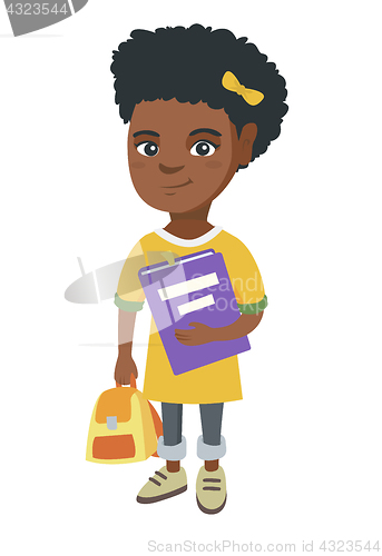 Image of African-american pupil with backpack and textbook.