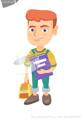 Image of Caucasian pupil with backpack and textbook.