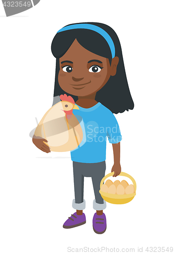 Image of African girl holding a chicken and hen eggs.