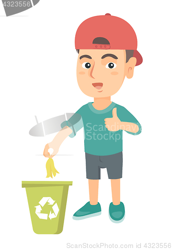 Image of Little boy throwing banana peel in recycling bin.