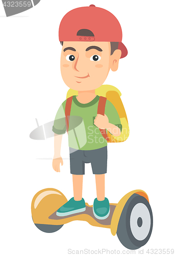 Image of Caucasian schoolboy riding on gyroboard to school.