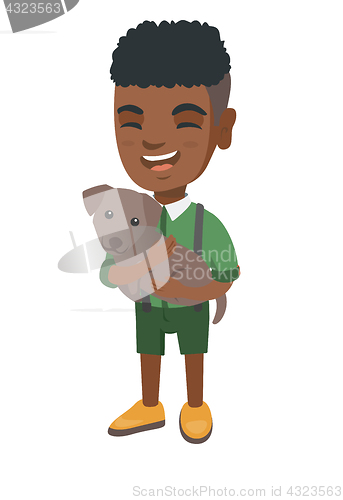 Image of African-american happy boy holding a dog.