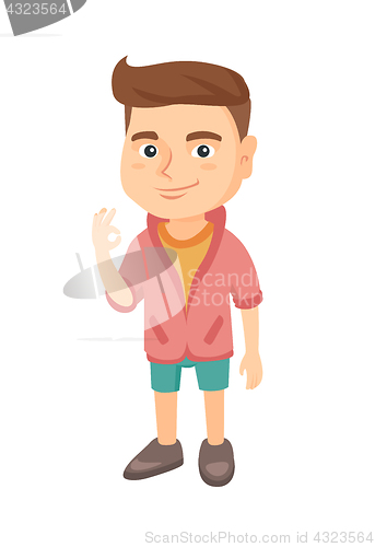 Image of Caucasian little boy showing ok sign.