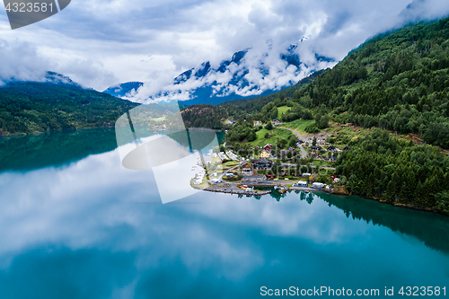 Image of Beautiful Nature Norway Aerial view of the campsite to relax.