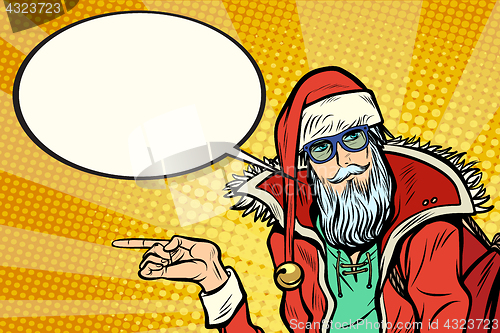 Image of Hipster Santa Claus shows sideways and says comic cloud