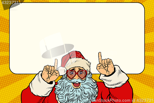 Image of Santa Claus points to the white background